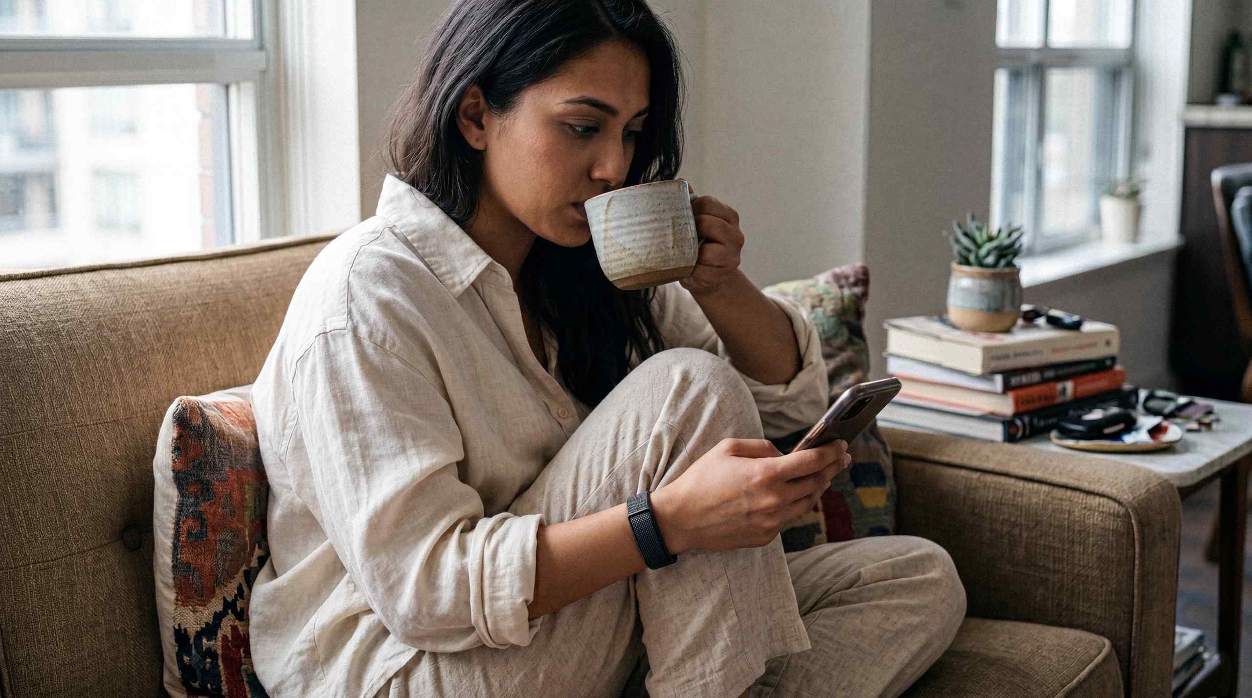 A women checking something on a phone.